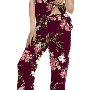 POPYOUNG Womens Summer Casual 2 Piece Pajama Sets with Comfy Capri Pants and Pockets Lounge Sleepwear L, Floral Wine