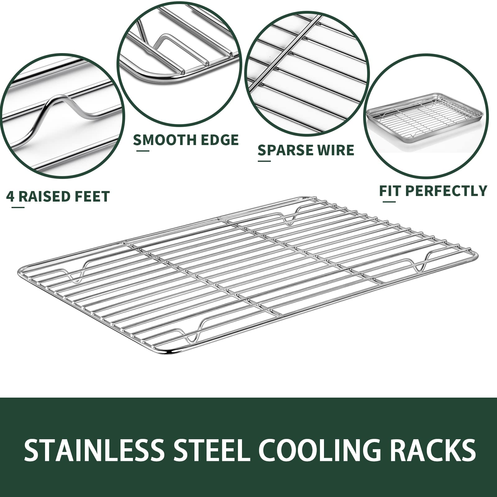 CEKEE Baking Sheet with Rack Set (2 Baking Pans + 2 Baking Racks), Stainless Steel Cookie Sheets for Baking Nonstick, Heavy Duty Jelly Roll Pans, Warp Resistant & Rust Free, Size 16 x 12 x 1 Inches