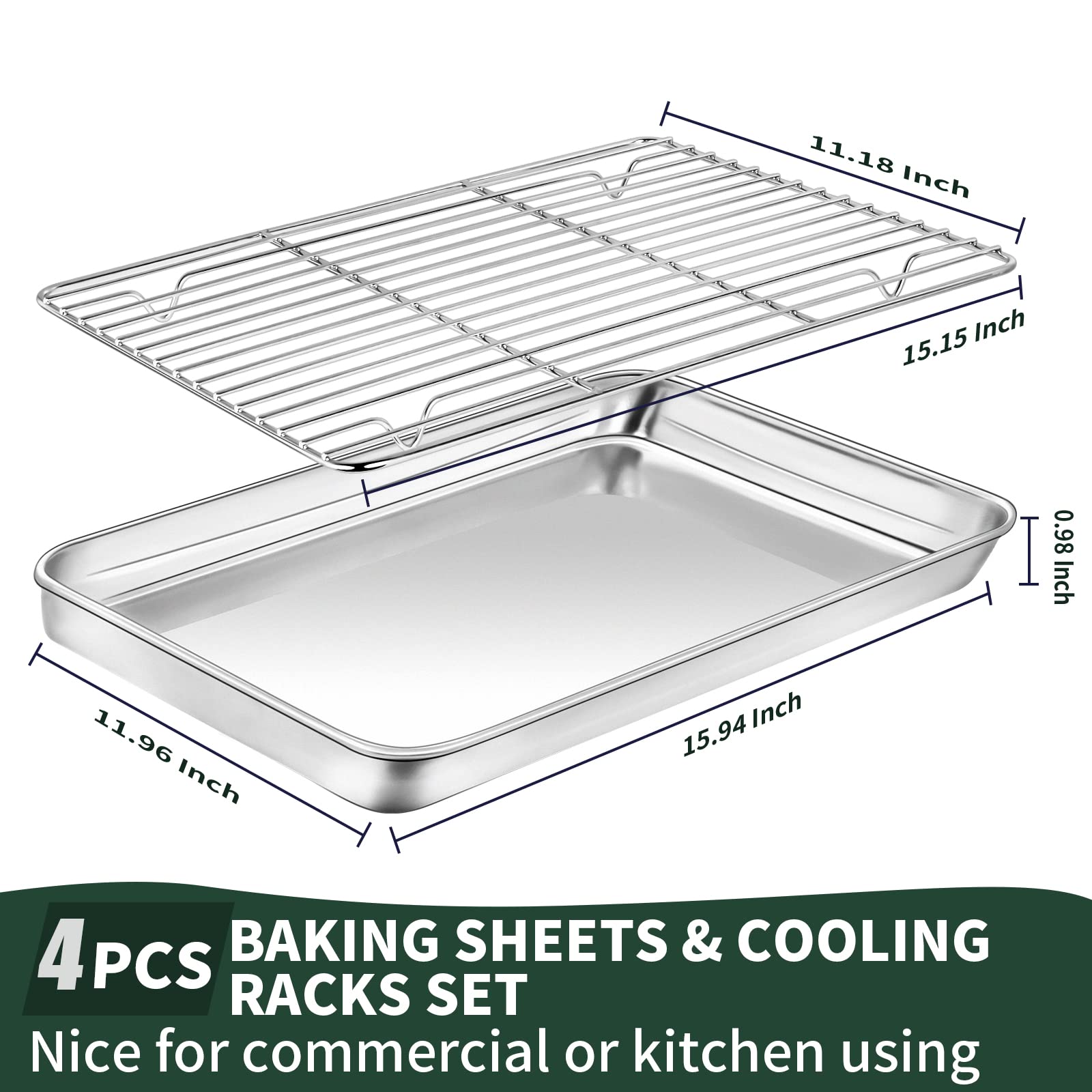 CEKEE Baking Sheet with Rack Set (2 Baking Pans + 2 Baking Racks), Stainless Steel Cookie Sheets for Baking Nonstick, Heavy Duty Jelly Roll Pans, Warp Resistant & Rust Free, Size 16 x 12 x 1 Inches