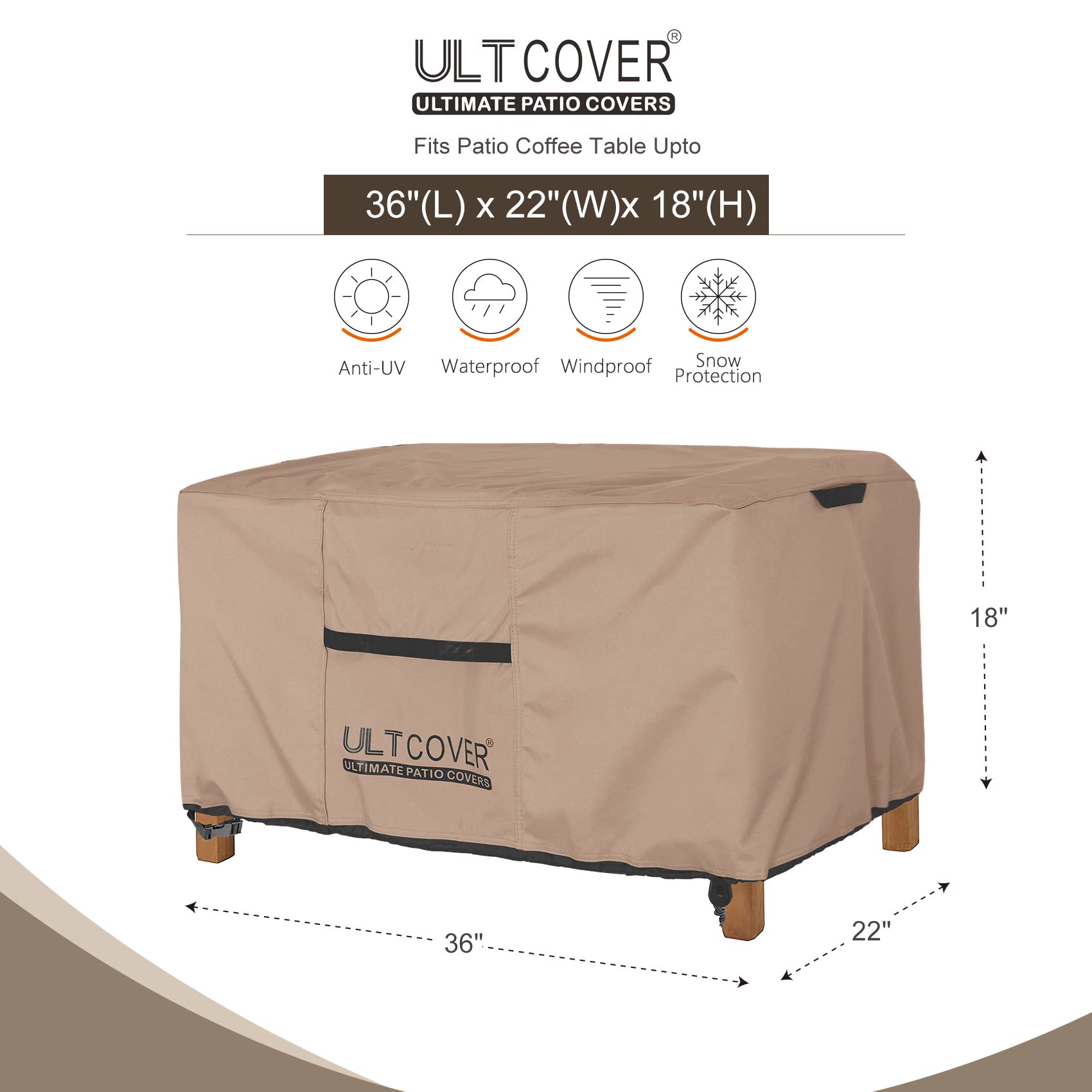 ULTCOVER Patio Coffee Table Cover, Waterproof Rectangular Outdoor Small Side Table Cover 36x22x18 inch