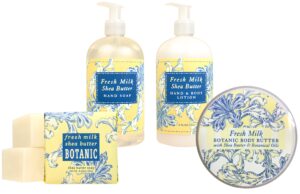 greenwich bay fresh milk body care spa quartet - hand soap, lotion, body butter, and soap bar square - luxurious shea butter body care in captivating botanical scents