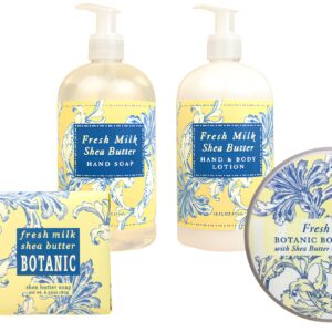 Greenwich Bay Fresh Milk Body Care Spa Quartet - Hand Soap, Lotion, Body Butter, and Soap Bar Square - Luxurious Shea Butter Body Care in Captivating Botanical Scents