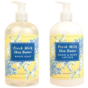 Greenwich Bay Fresh Milk Body Care Spa Quartet - Hand Soap, Lotion, Body Butter, and Soap Bar Square - Luxurious Shea Butter Body Care in Captivating Botanical Scents