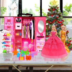 ebuddy 105 Pcs Doll Closet Wardrobe Set Closet Playest Toys Doll Clothes and Accessories for 11.5 Inch Girl Doll Including Wardrobe,Shoes Rack,Dress,Shoes Hangers,Necklace (No Doll)