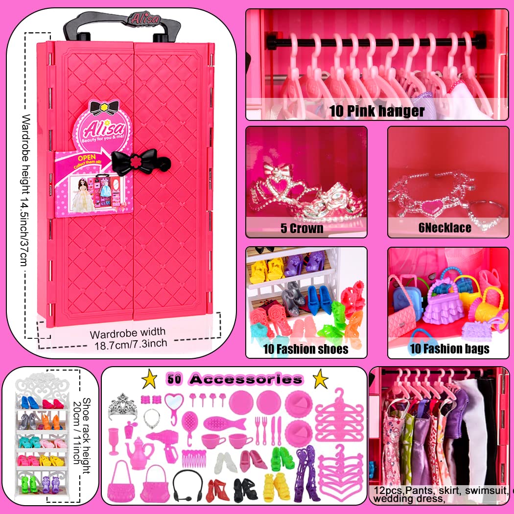 ebuddy 105 Pcs Doll Closet Wardrobe Set Closet Playest Toys Doll Clothes and Accessories for 11.5 Inch Girl Doll Including Wardrobe,Shoes Rack,Dress,Shoes Hangers,Necklace (No Doll)