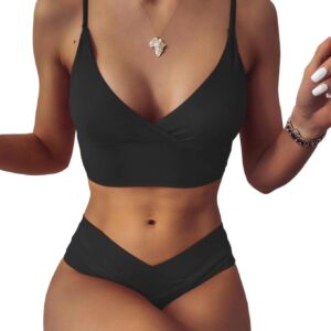 Balimtoy Summer Bikini Sets for Women Sexy V Neck Push Up Bathing Suits High Cut Thong Two Piece Cheeky Swimsuit Black S