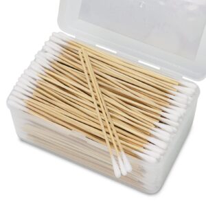 500pcs 6" cotton swabs in storage box - long cotton swab with bamboo handle - lint free cotton swabs with wooden sticks - highly absorbent cotton tipped applicators for makeup, gun cleaning, pet care