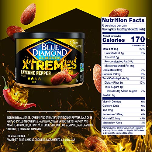 Blue Diamond Almonds XTREMES Cayenne Pepper Flavored Snack Nuts, 6 Oz Resealable Cans (Pack of 1)