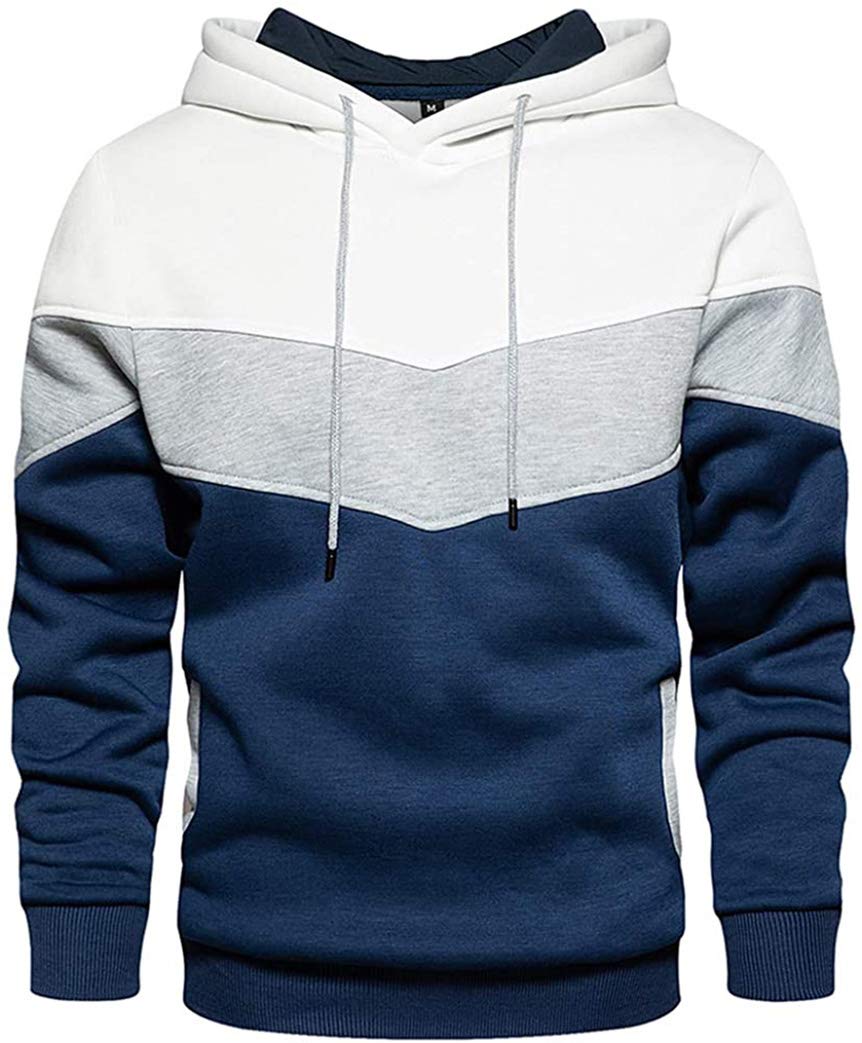 Wielsscca Mens Hoodies Pullover Color Block Fleece Sweatshirt Tops with Pocket White L