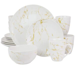 elama fine marble round gloss dinnerware dish set, 16 piece, white and gold