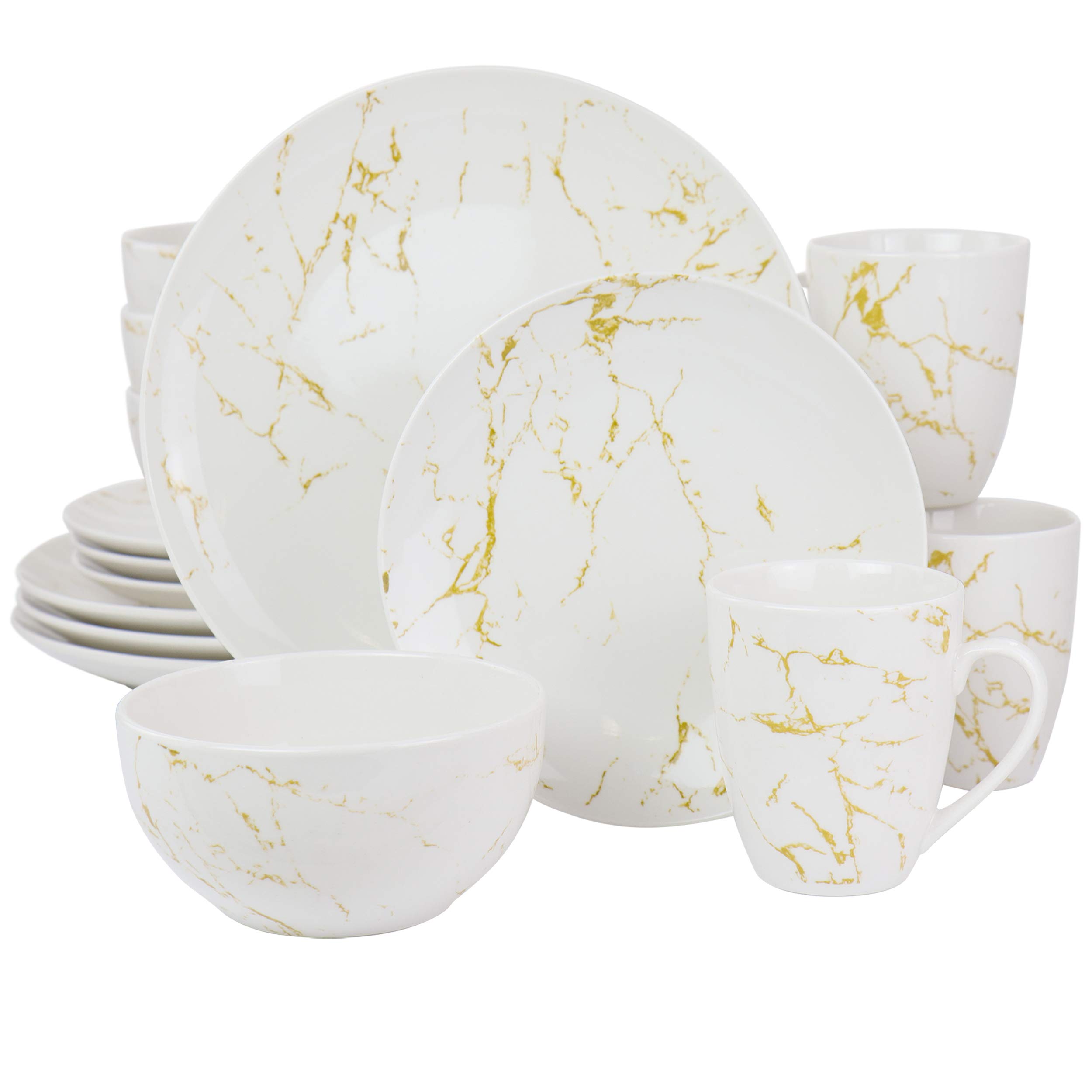 Elama Fine Marble Round Gloss Dinnerware Dish Set, 16 Piece, White and Gold