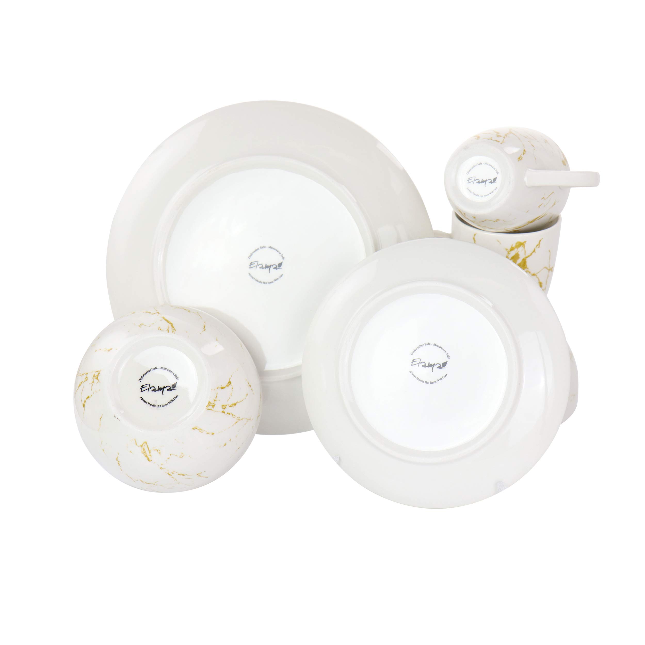 Elama Fine Marble Round Gloss Dinnerware Dish Set, 16 Piece, White and Gold