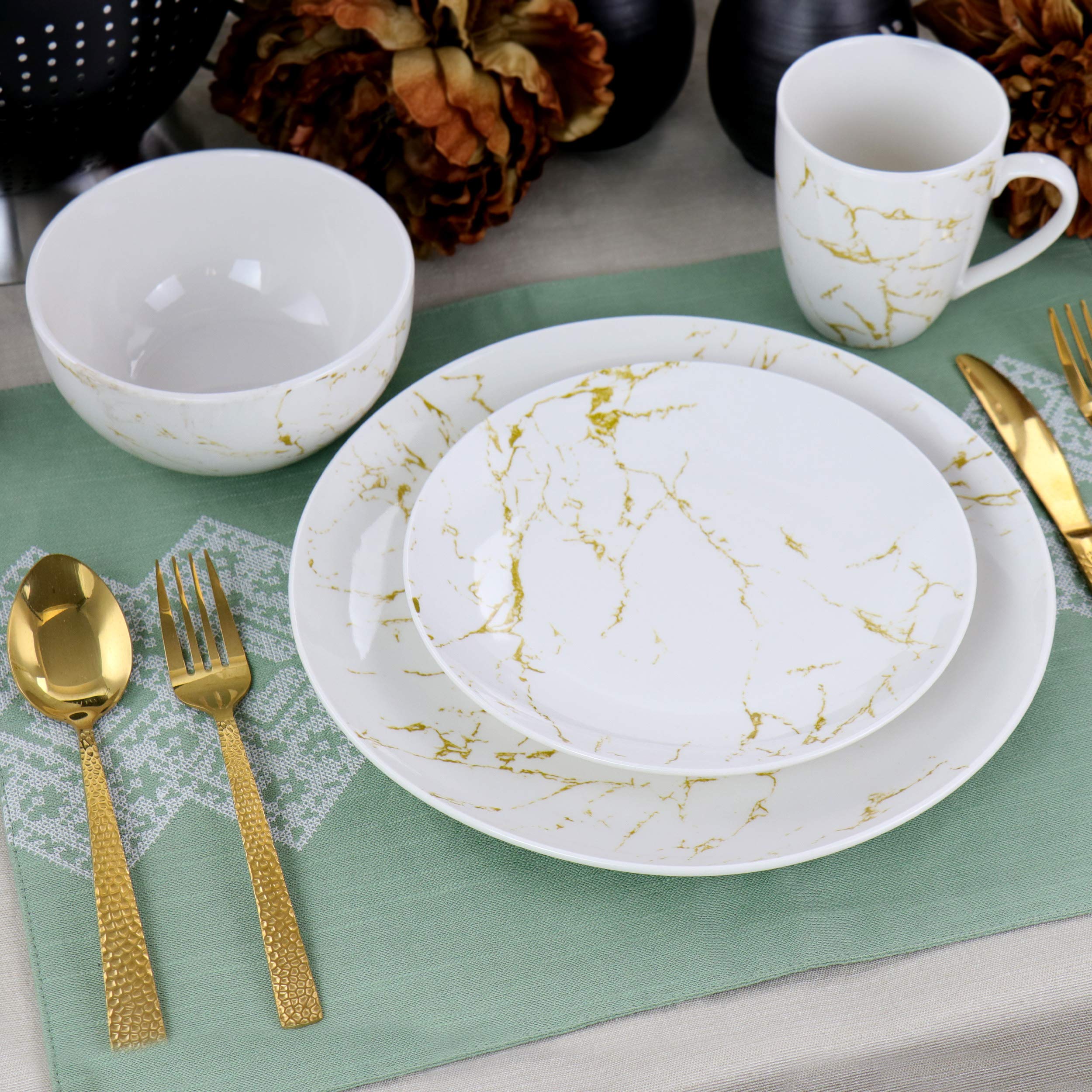 Elama Fine Marble Round Gloss Dinnerware Dish Set, 16 Piece, White and Gold