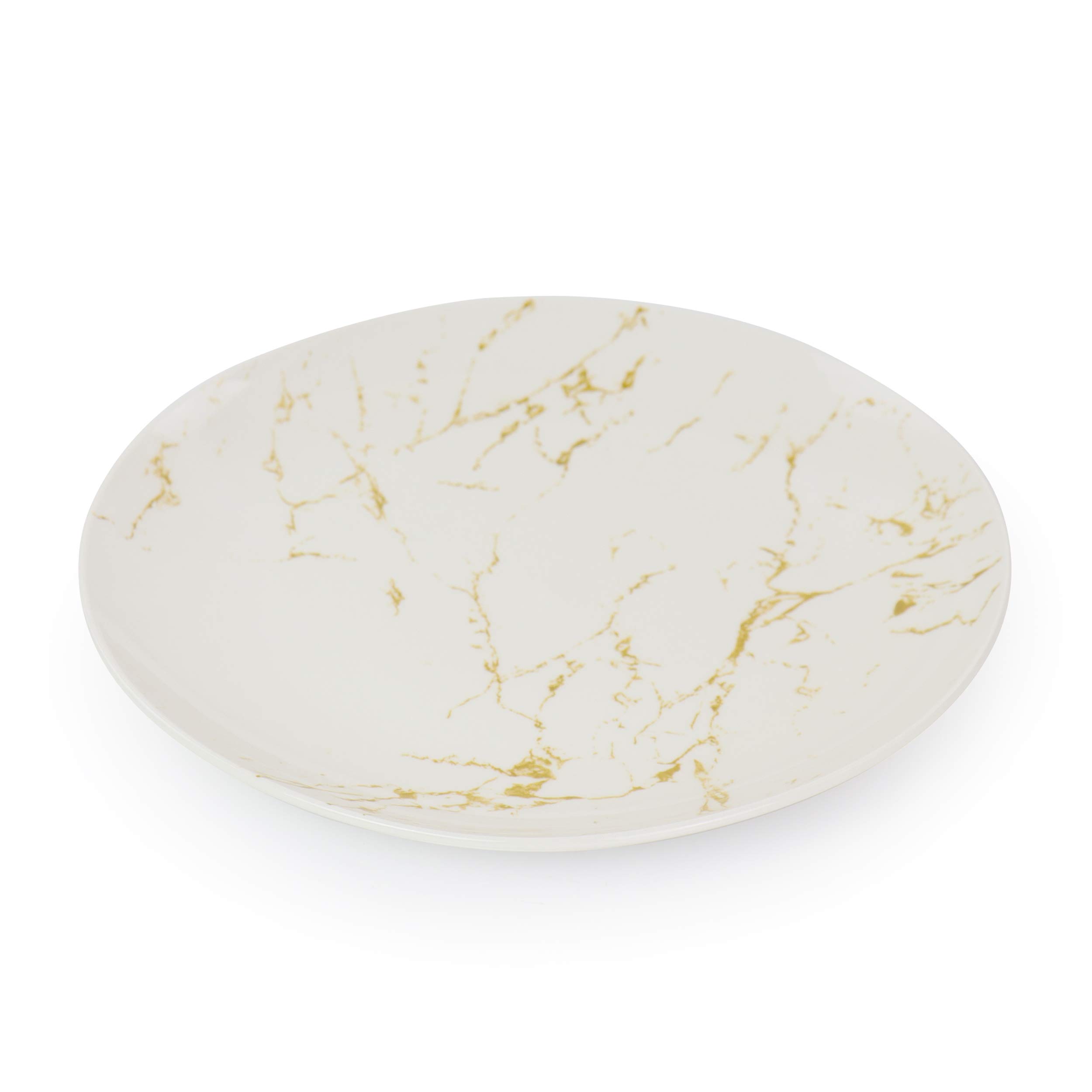 Elama Fine Marble Round Gloss Dinnerware Dish Set, 16 Piece, White and Gold