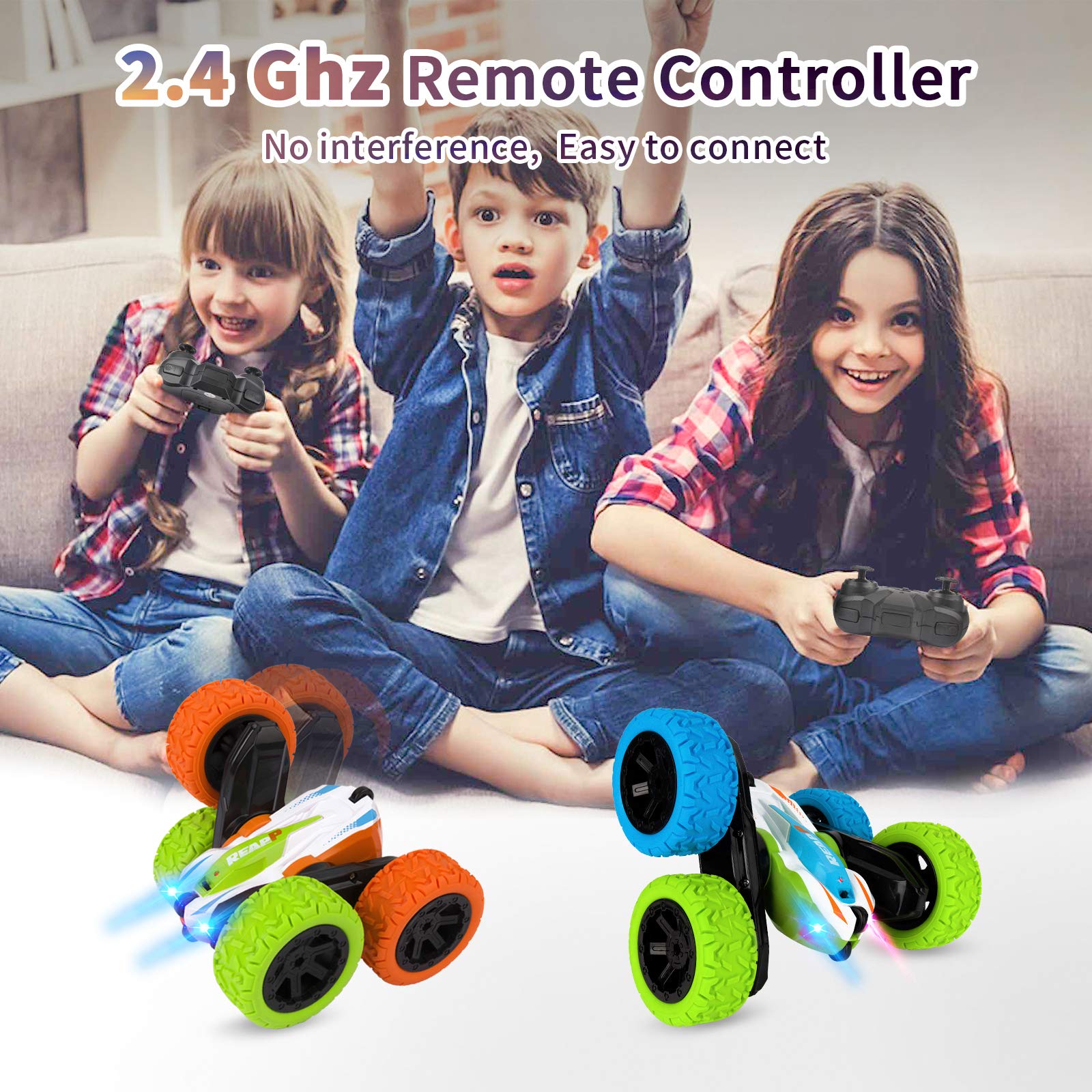 REAPP Remote Control Car for Kids, 2.4 GHz 4WD RC Stunt Car with Headlights