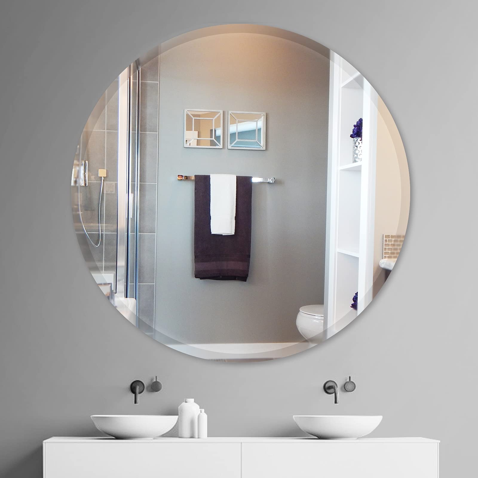 JENBELY 24 Inch Round Frameless Bathroom Mirror, Beveled Round Mirror, Circle Vanity Mirror with 1" Beveled Edge for Bathroom, Entryways, Living Room