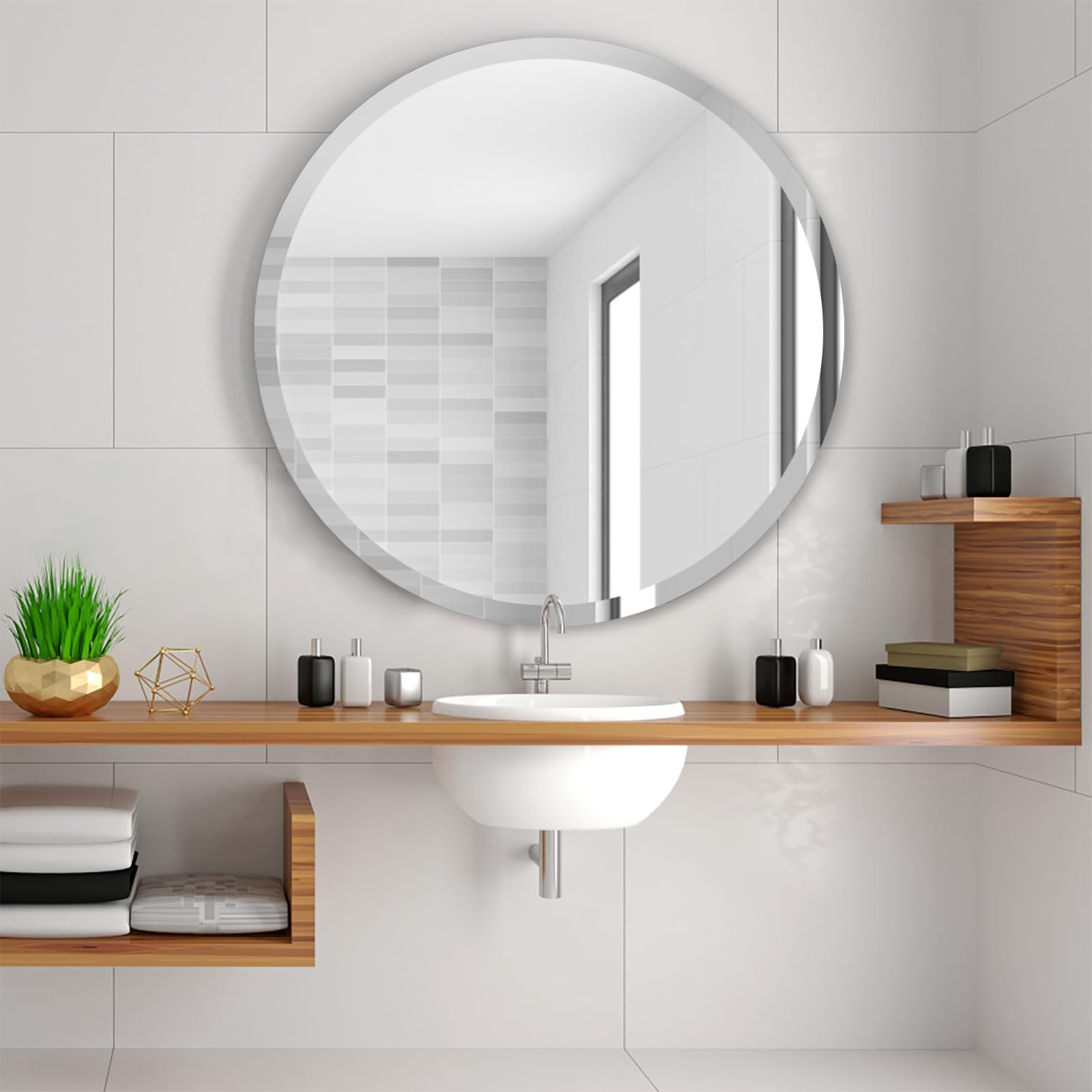 JENBELY 24 Inch Round Frameless Bathroom Mirror, Beveled Round Mirror, Circle Vanity Mirror with 1" Beveled Edge for Bathroom, Entryways, Living Room