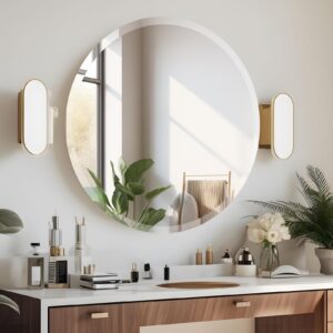 JENBELY 24 Inch Round Frameless Bathroom Mirror, Beveled Round Mirror, Circle Vanity Mirror with 1" Beveled Edge for Bathroom, Entryways, Living Room