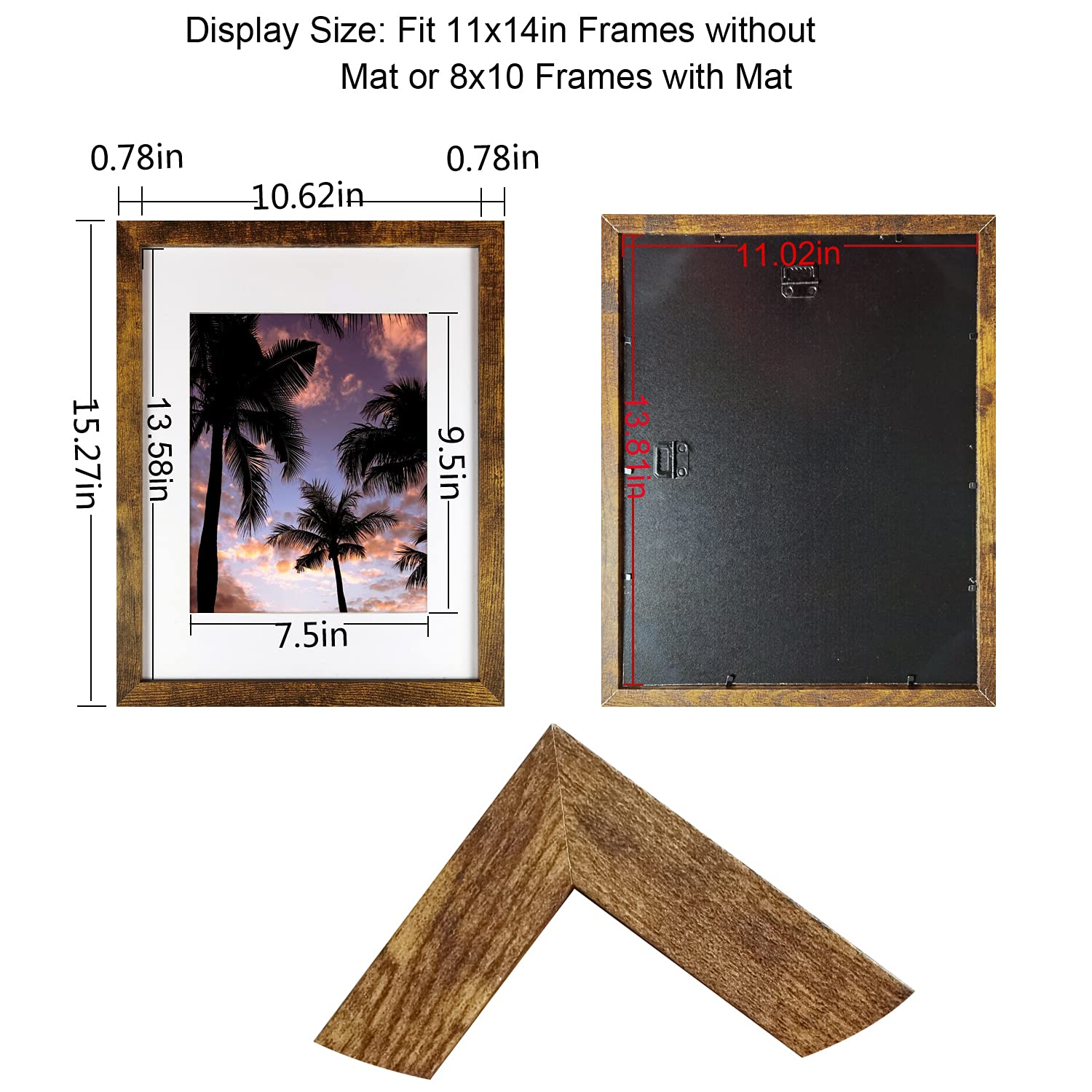 SESEAT 11x14 Frames, Display Pictures 8x10 With mat or 11x14 Prints Without Mat,Wall Mounting,Brown,6PCS