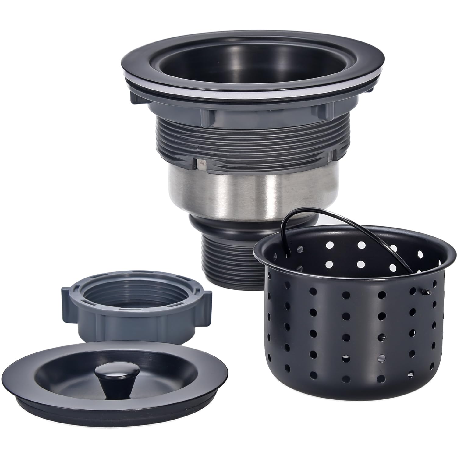 Kitchen Sink Drain 3-1/2 Inch Black Sink Drain Assembly Kit, Removable Deep Sink Strainer Basket with Sink Stopper/Sealing Lid for Home, Kitchen, Stainless Steel