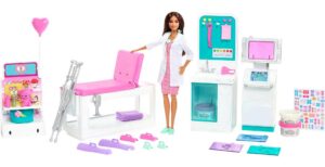 barbie careers playset, fast cast clinic with brunette doctor fashion doll, furniture & 30+ accessories including molds & dough for bandages