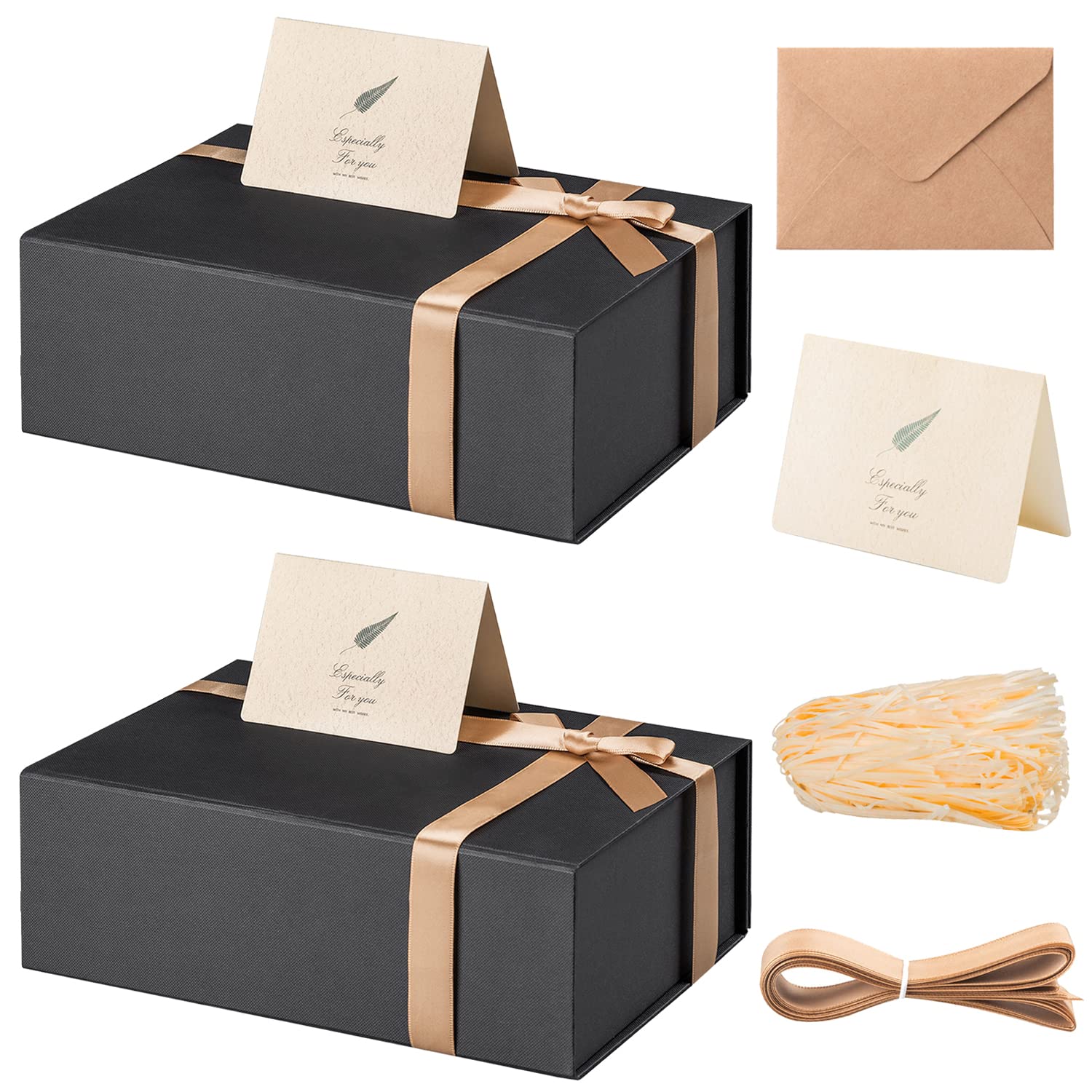 LIFELUM Gift Box 2 Pack 11 x 8 x 3.5 Inches，Black Gift Boxes for Presents with Magnetic Lid Luxury Christmas Gift Boxes for Present Box Contains Card, Ribbon, Shredded Paper Filler