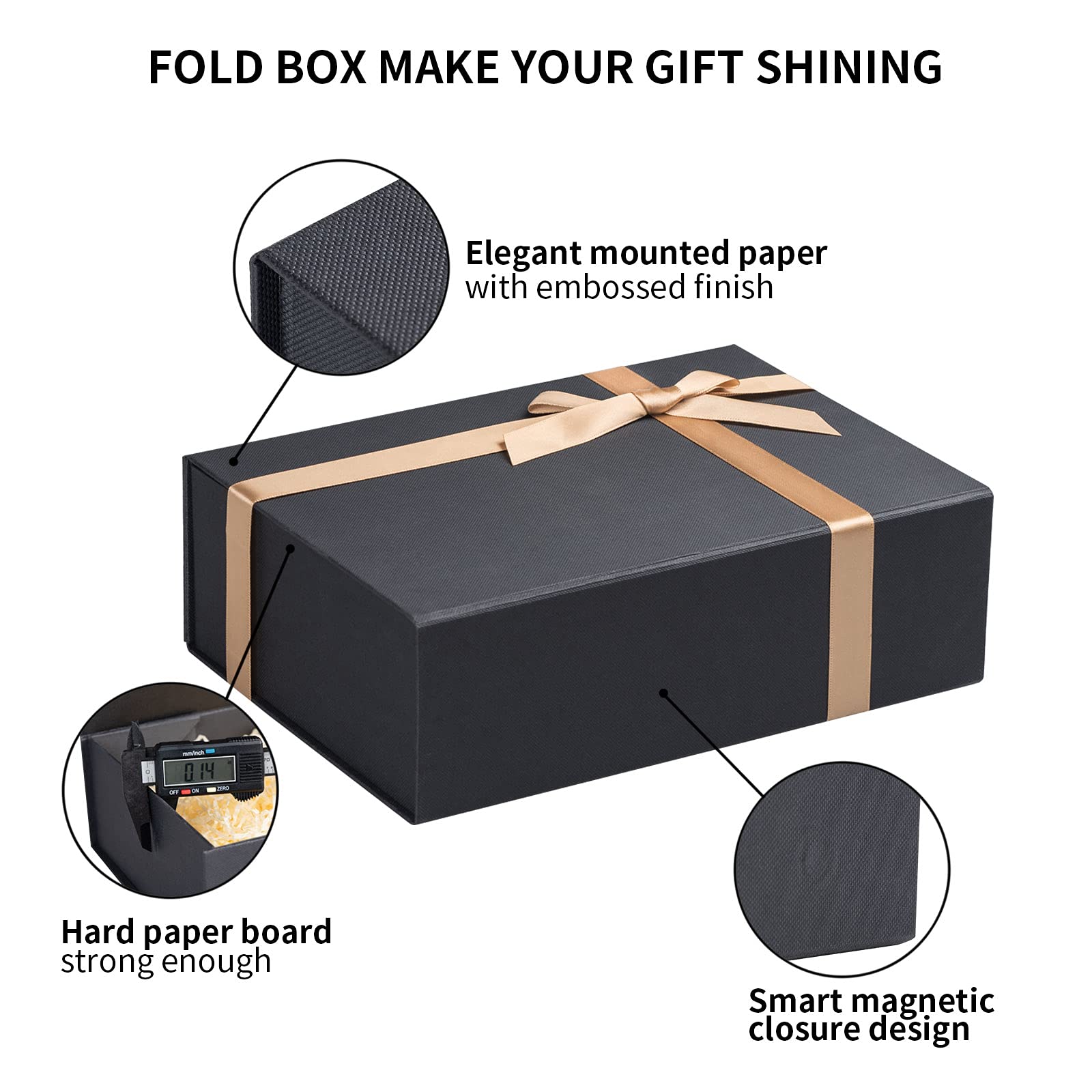 LIFELUM Gift Box 2 Pack 11 x 8 x 3.5 Inches，Black Gift Boxes for Presents with Magnetic Lid Luxury Christmas Gift Boxes for Present Box Contains Card, Ribbon, Shredded Paper Filler