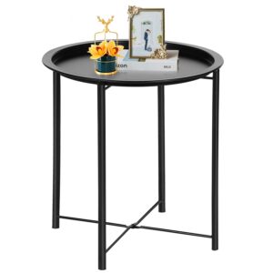 vecelo side/end table, folding round metal anti-rust and waterproof outdoor or indoor tray for living room bedroom balcony and office, 1 pcs, black