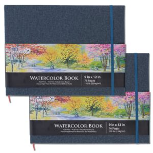 u.s. art supply 9" x 12" watercolor book, 2 pack, 76 sheets, 110 lb (230 gsm) - linen-bound hardcover artists paper pads - acid-free, cold-pressed, brush painting & drawing sketchbook mixed media