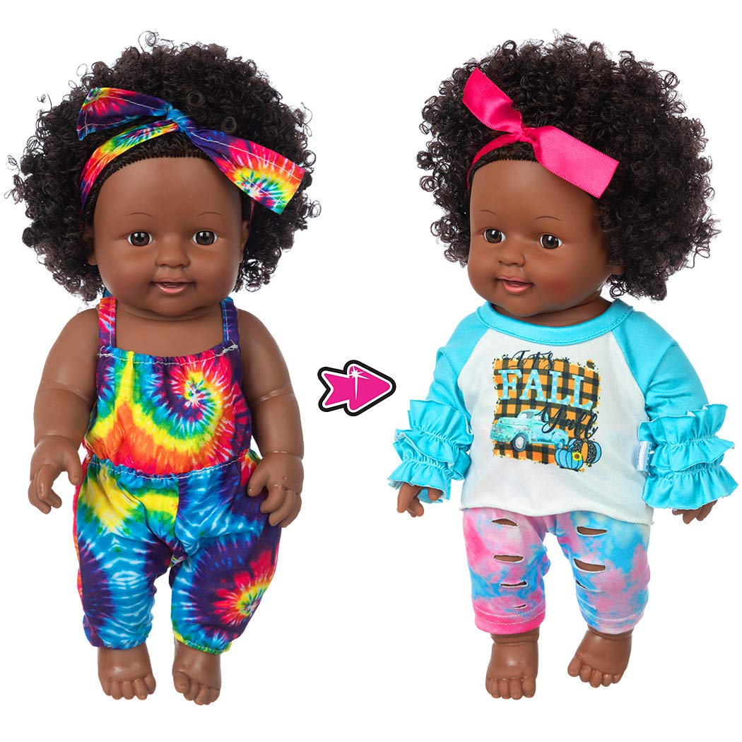 iBayda One-Piece 12 inch Realistic Black Baby Girl Doll Toy African-American Washable Silicone Baby Doll with 2-Sets Doll Clothes (Only One Doll)