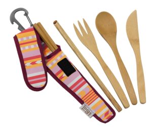 to go ware premium reusable bamboo utensil travel set | includes fork, knife, spoon, chopsticks, & carabiner clip | made from sustainable materials | eco-conscious | daybreak (pack of 1)
