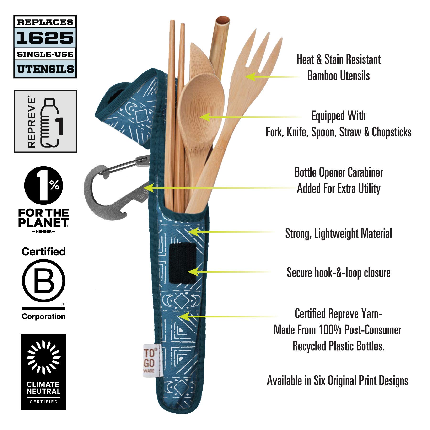 TO GO WARE Premium Reusable Bamboo Utensil Travel Set | Includes Fork, Knife, Spoon, Chopsticks, & Carabiner Clip | Made from Sustainable Materials | Eco-Conscious | Daybreak (Pack of 1)