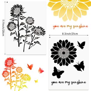 6 Pieces Sunflower Stencil Kit, Reusable Family Tree Stencil Flower Butterfly Painting Templates You are My Sunshine Stencil with Metal Open Ring for Painting on Wood Wall Decor