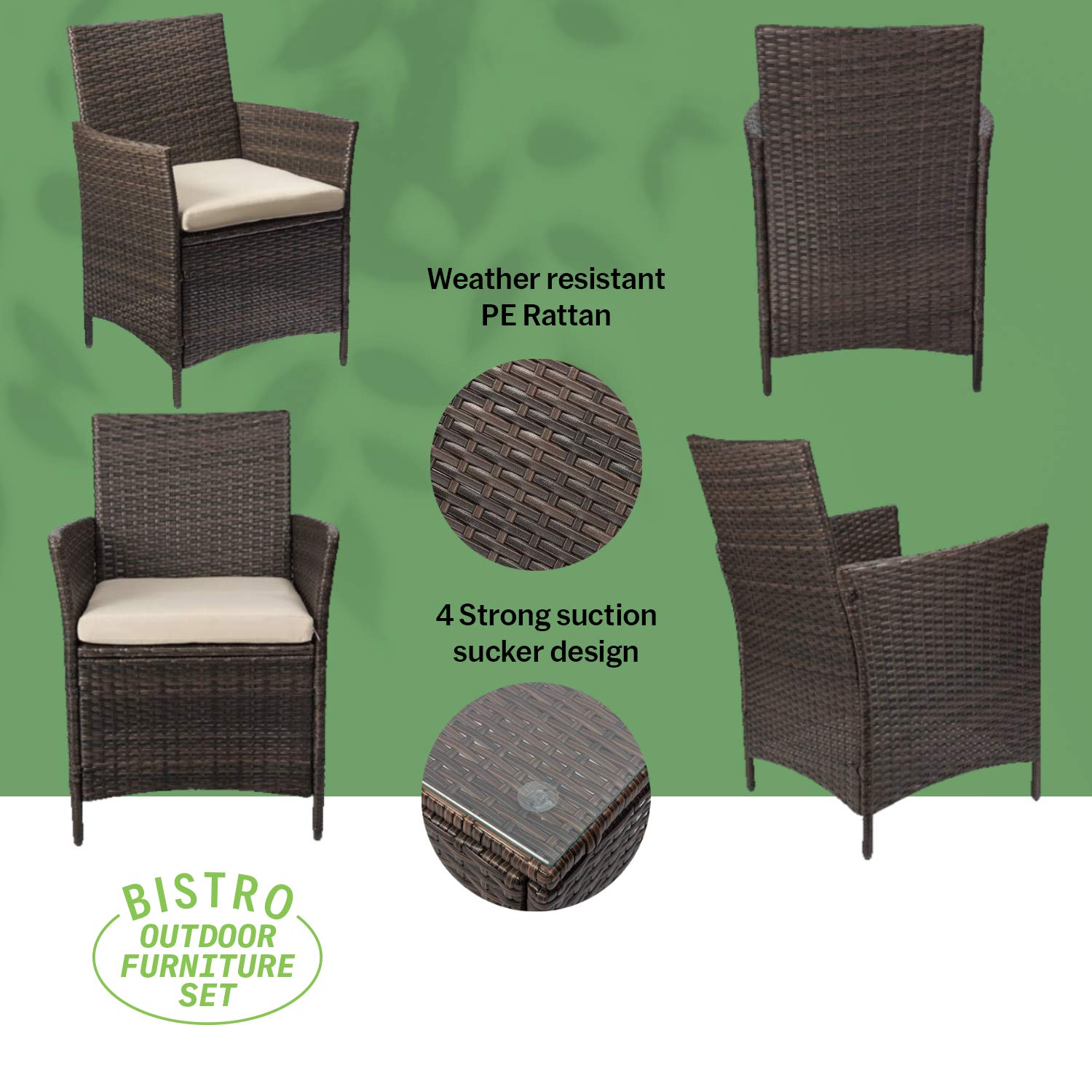 Pyramid Home Decor Alvino Patio Bistro Set 3-Piece Outdoor Wicker Furniture Sets, Modern Rattan Garden Conversation Chair with Thick Cushion and Glass Top Coffee Table (Coffee)