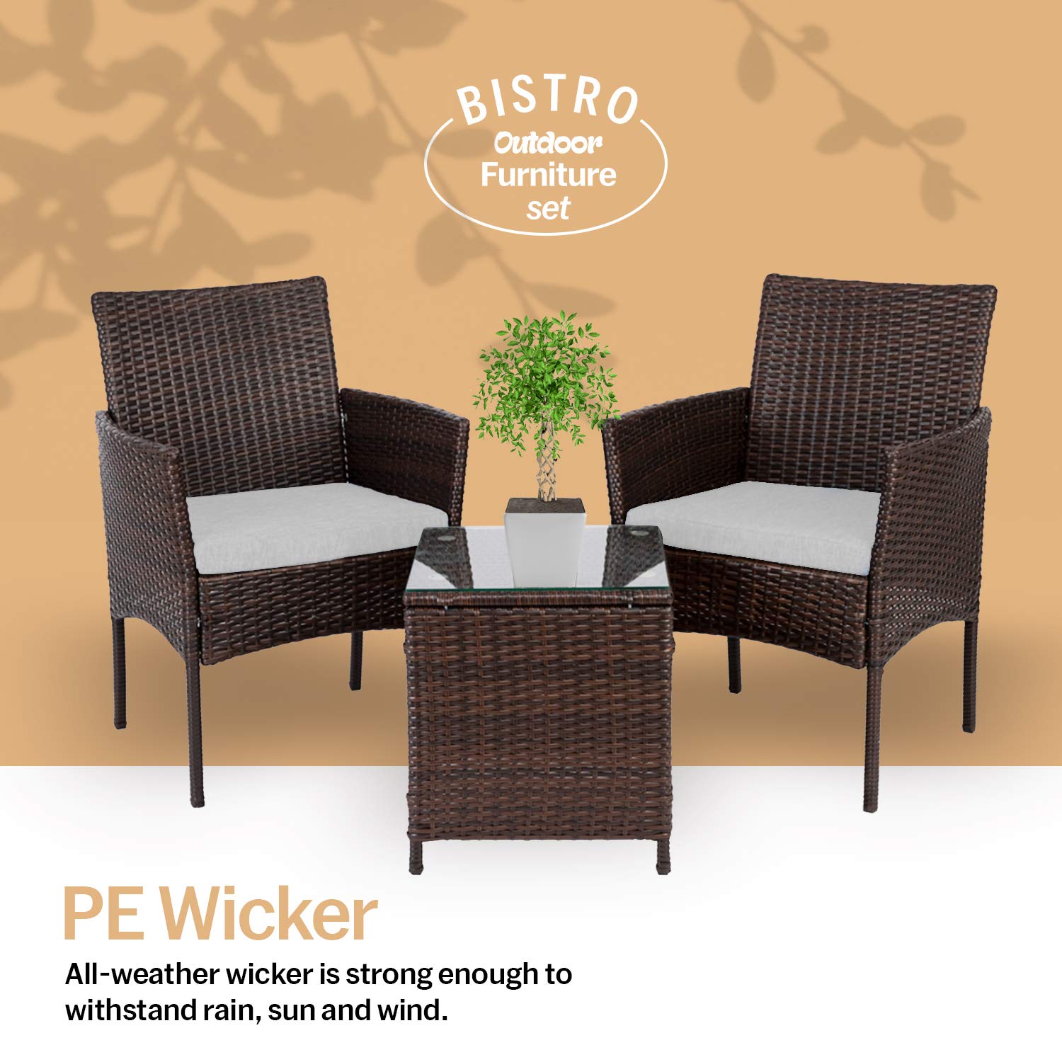 Pyramid Home Decor Alvino Patio Bistro Set 3-Piece Outdoor Wicker Furniture Sets, Modern Rattan Garden Conversation Chair with Thick Cushion and Glass Top Coffee Table (Coffee)