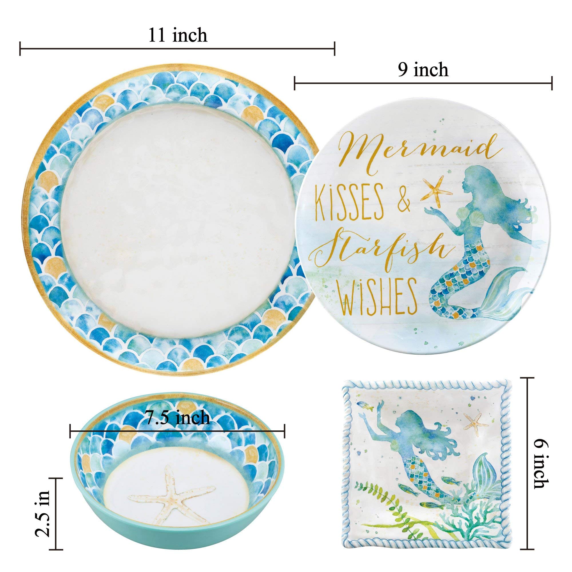 UPware 16-Piece Melamine Dinnerware Set, Includes Dinner Plates, Salad Plates, Dessert Plates, Bowls, Service for 4. (Mermaid)