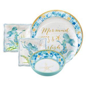 UPware 16-Piece Melamine Dinnerware Set, Includes Dinner Plates, Salad Plates, Dessert Plates, Bowls, Service for 4. (Mermaid)