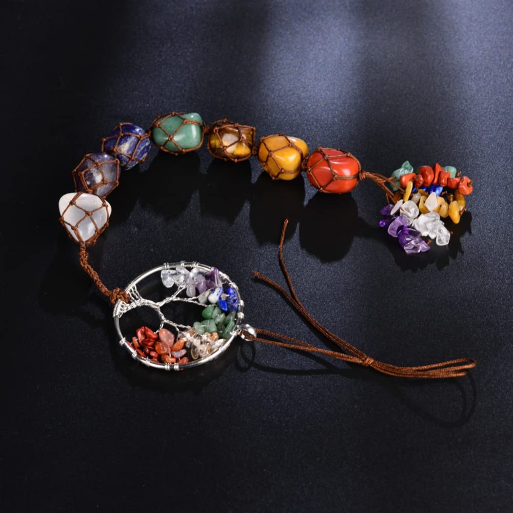 Handmade Crystal Window Car Hanging Ornaments 7 Chakra Home Decoration Feng Shui Ornament Yoga Meditation Car Decoration Tumbled Palm Stones (7 Chakras Tree)