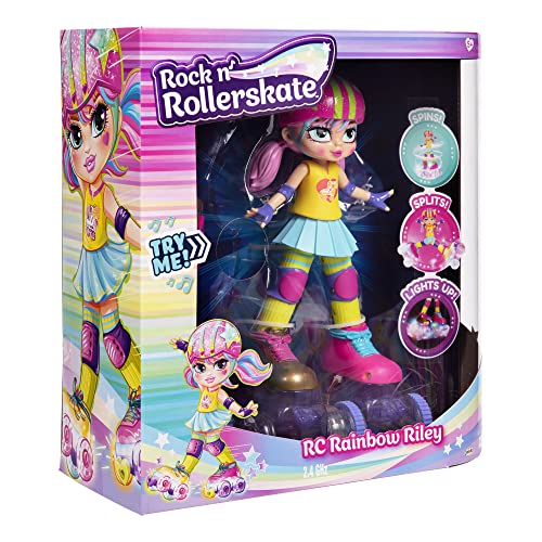 JAKKS Pacific Rock N Rollerskate Doll Rainbow Riley Light Up Remote Control Rollerskating Doll - Plays Music and Skates!, 10" H