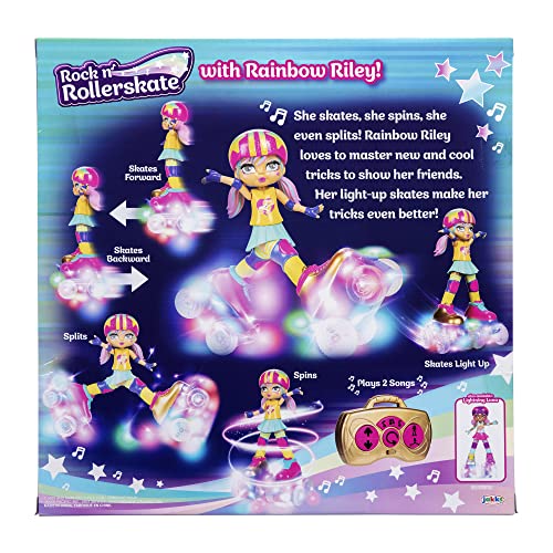 JAKKS Pacific Rock N Rollerskate Doll Rainbow Riley Light Up Remote Control Rollerskating Doll - Plays Music and Skates!, 10" H