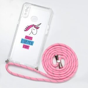 Crossbody Lanyard Phone case for Samsung Galaxy A40,Cute Pattern Clear Design Transparent Hard PC Back+Soft TPU Bumper Anti-Fall Shockproof Protective Cover with Adjustable Nylon Neck Strap(Unicorn)