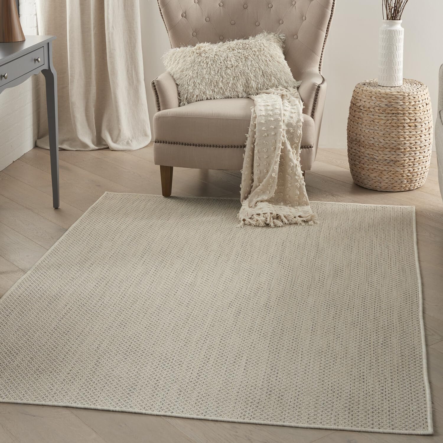 Nourison Courtyard Indoor/Outdoor Ivory Silver 5' x 7' Area Rug, Geometric, Easy Cleaning, Non Shedding, Bed Room, Living Room, Dining Room, Deck, Patio, Backyard (5x7)