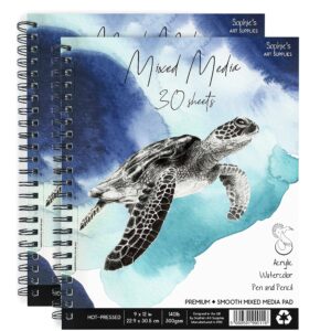 mixed media pad sketchbook - 2pk of 30 sheets 9x12" - 60 total 140lb/300gsm - smooth hot pressed watercolor paper - art journal spiral bound sketchpad - for watercolor paint, acrylic, pen, pencil