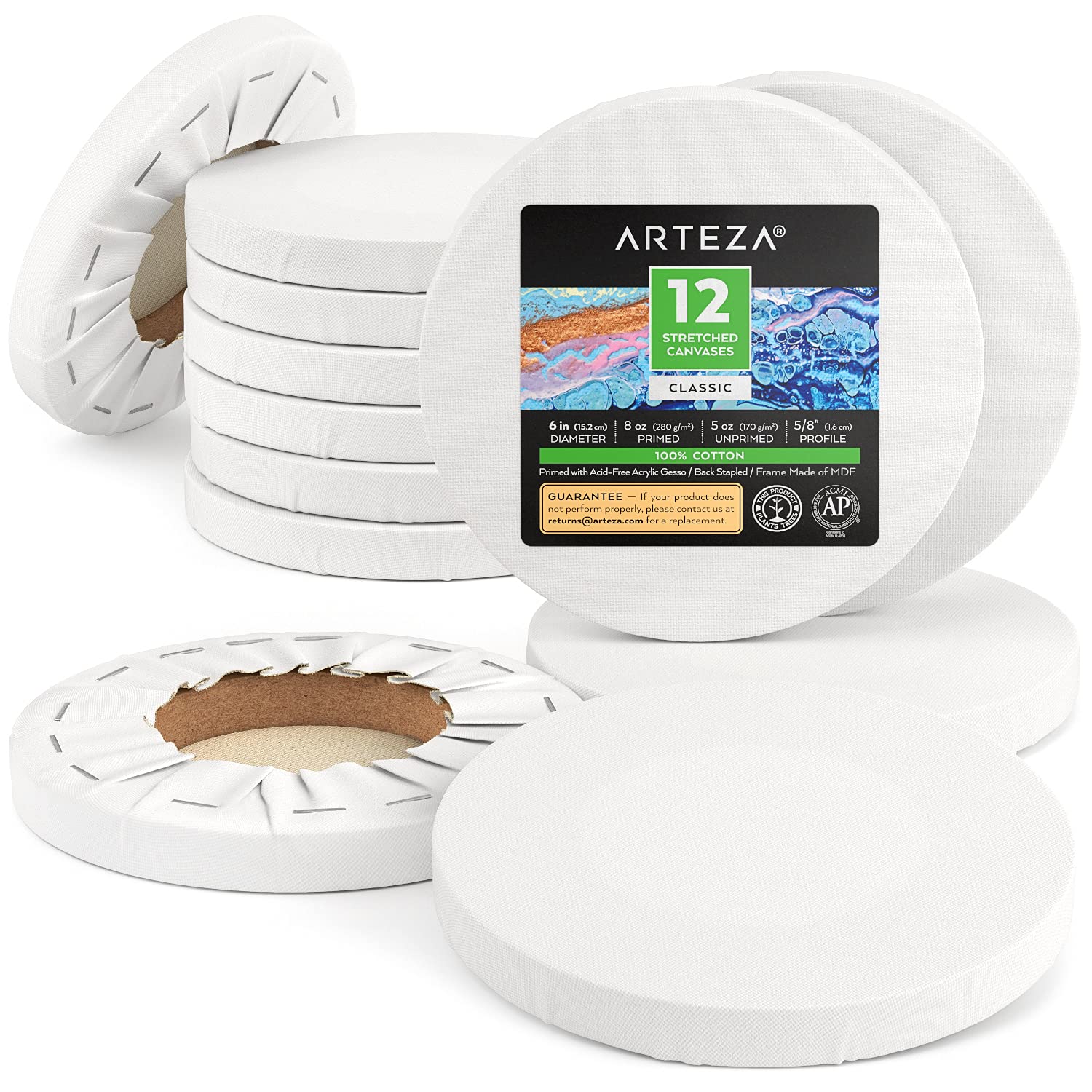 ARTEZA Round Stretched Canvas, 6 Inch Diameter, Pack of 12, Blank White Canvas Boards for Acrylic, Oil and Gouache Painting