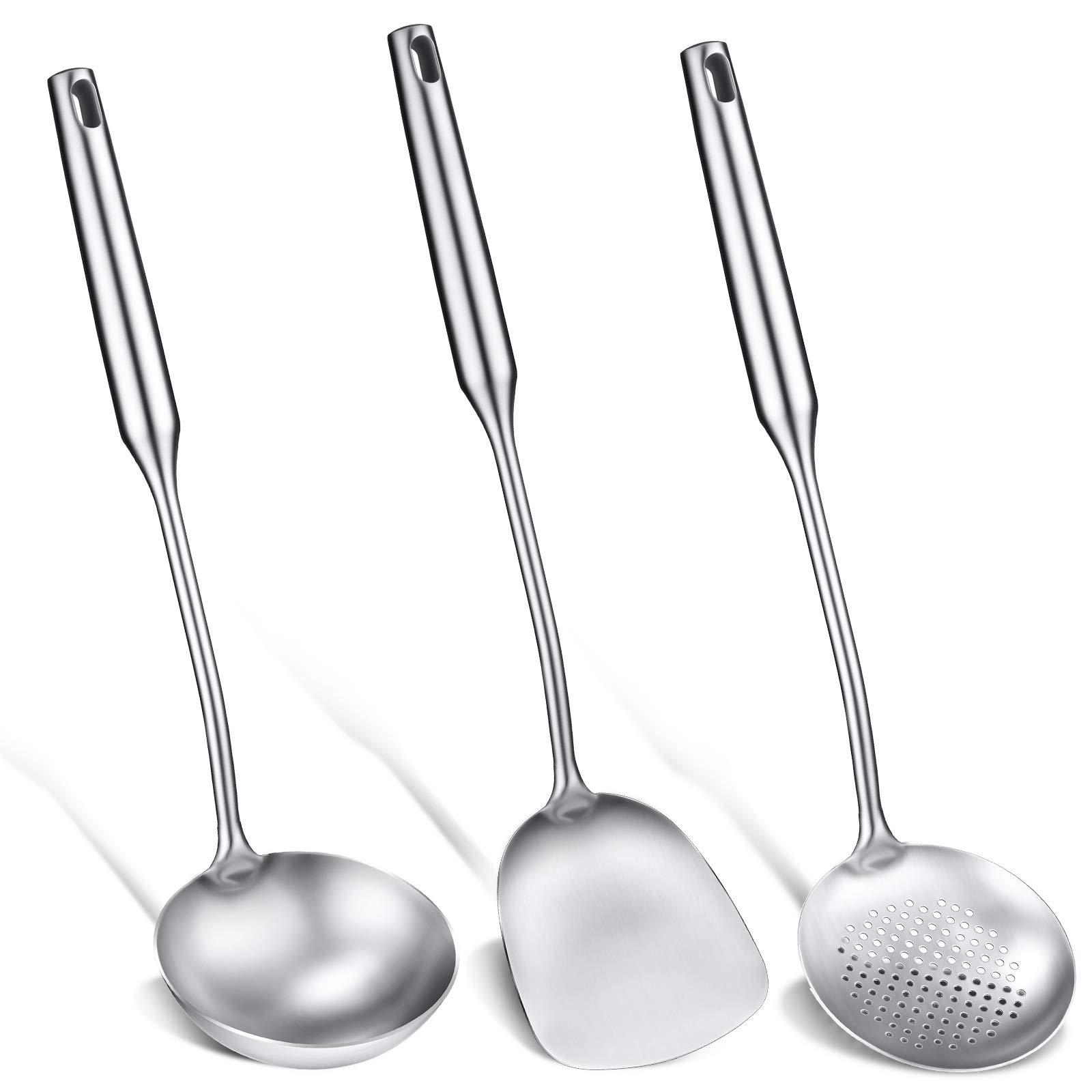 Patelai 3 Pcs 15in Wok Spatula and Ladle, 304 Stainless Steel Wok Utensils All Metal, Utensils Skimmer Ladle Tool Set for Carbon Steel Cooking Baking