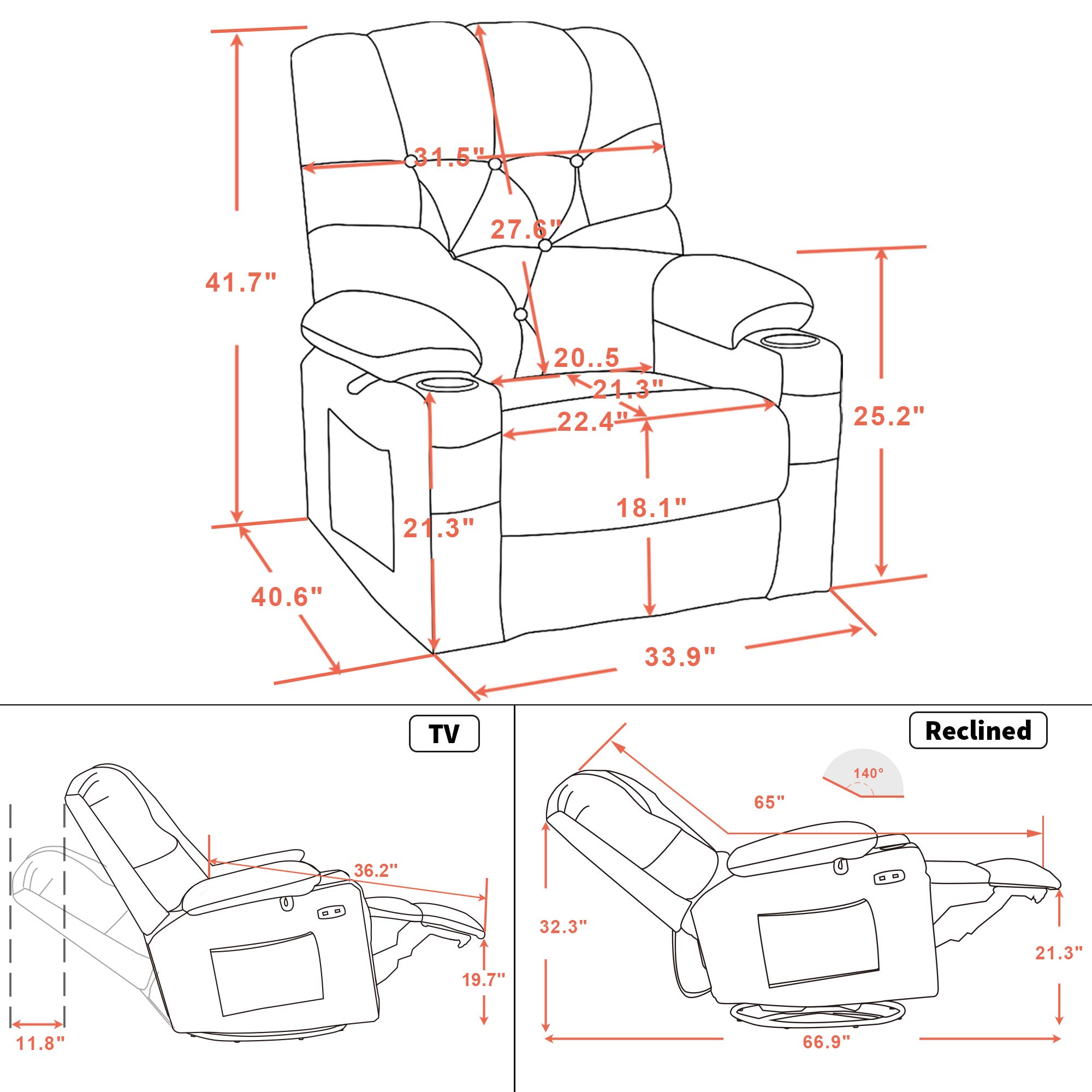 MCombo Electric Power Swivel Glider Rocker Recliner Chair with Cup Holders for Nursery, Hand Remote Control, USB Ports, 2 Side & Front Pockets, Plush Fabric 7797 (Grey)