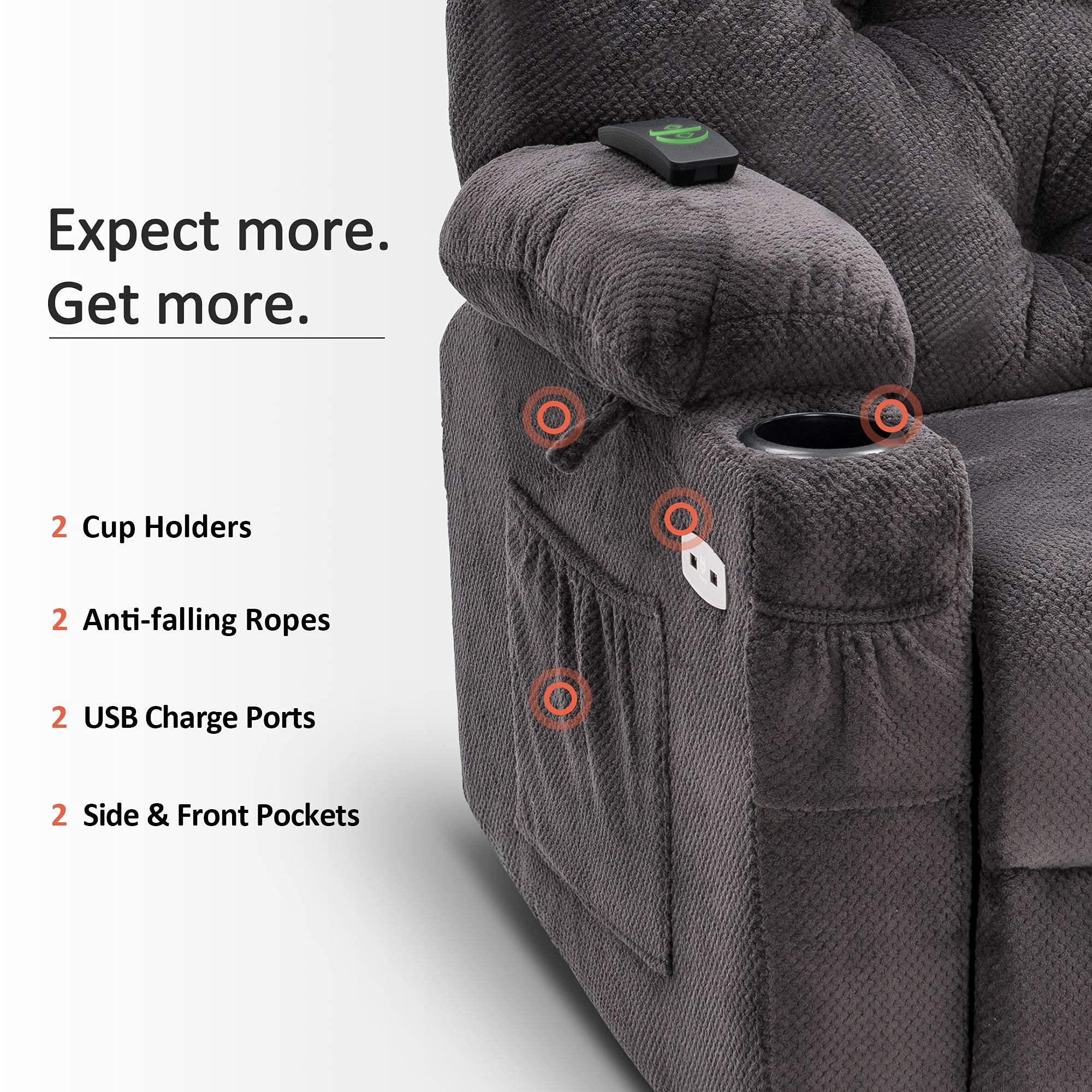 MCombo Electric Power Swivel Glider Rocker Recliner Chair with Cup Holders for Nursery, Hand Remote Control, USB Ports, 2 Side & Front Pockets, Plush Fabric 7797 (Grey)