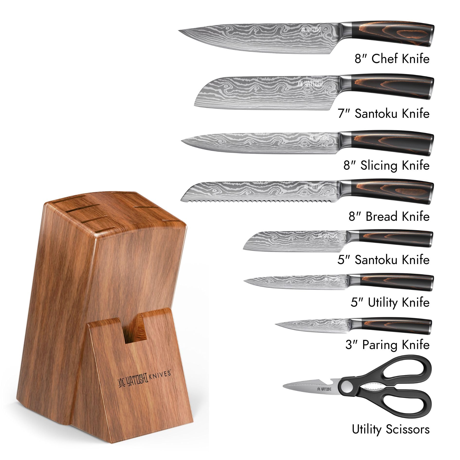 Yatoshi 9 Piece Block Set - Pro Kitchen Knife Set Ultra Sharp High Carbon Steel with Ergonomic Handle