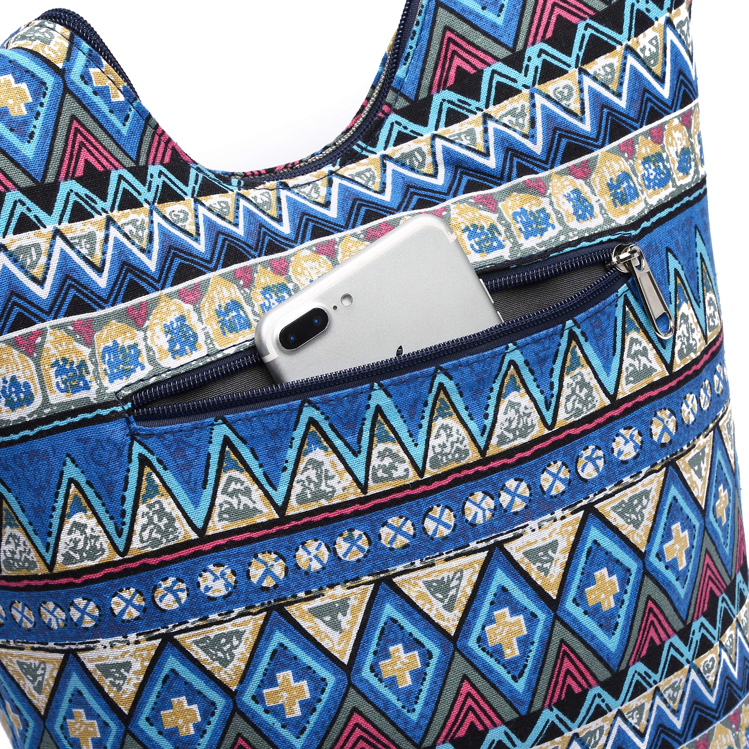 Women Shoulder Handbags Fashion canvas Hippie Crossbody Bags Bohemian Animal Prints Hobo Bags (Blue-white)