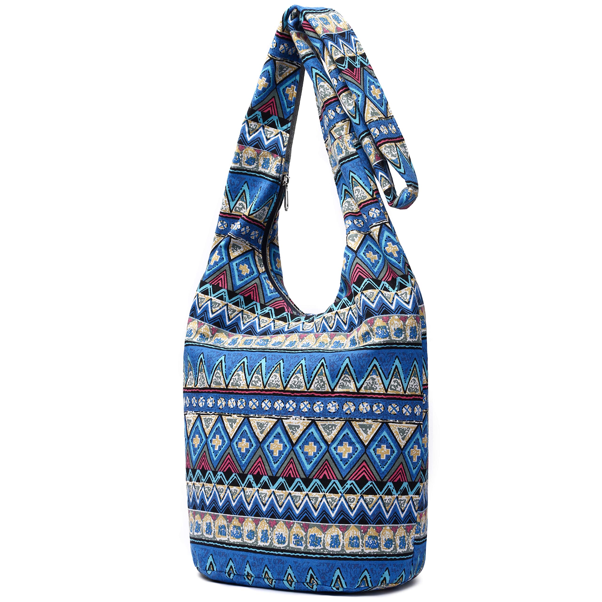 Women Shoulder Handbags Fashion canvas Hippie Crossbody Bags Bohemian Animal Prints Hobo Bags (Blue-white)